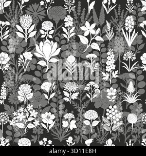 Motif floral monochrome noir et blanc sans couture. Dessiné à la main. Pas ai, illustration vectorielle. Illustration de Vecteur