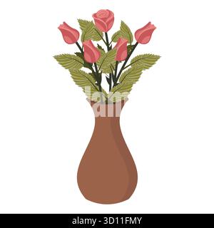 Un bouquet de roses roses poussiéreuses dans un vase en céramique. Un ensemble de quatre bourgeons et une fleur légèrement ouverte. Illustration vectorielle sur un fond blanc. Illustration de Vecteur