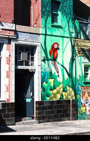 Londres, Royaume-Uni - 11 août 2022 : murale de rue colorée avec perroquet et tigre à Camden, Londres Banque D'Images