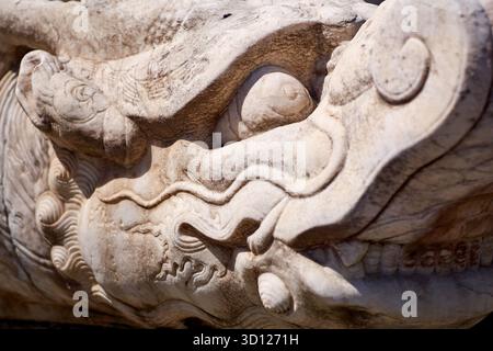 Vue rapprochée d'un Chishou, une gargouille mythique à tête animale qui draine l'eau de pluie dans le Temple du ciel à Pékin Banque D'Images
