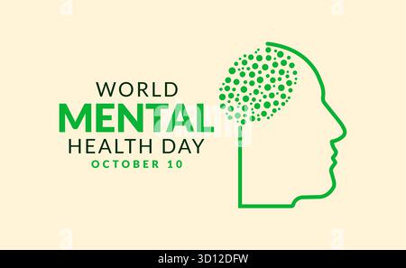 Texte de la journée mondiale de la santé mentale du 10 octobre avec conception de bannière vectorielle de tête de cerveau humain pour la sensibilisation des patients mentaux Illustration de Vecteur
