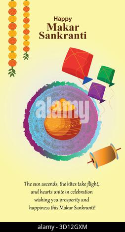 Makar Sankranti souhaite fond avec ciel coloré et soleil Illustration de Vecteur