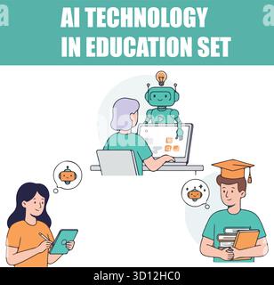 IA dans l'ensemble de l'éducation. Robot aidant les enseignants et les étudiants avec des leçons, en utilisant des outils génératifs pour l'apprentissage et l'écriture. Illustration vectorielle. Illustration de Vecteur