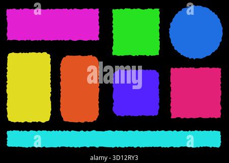 Formes géométriques dentelées colorées lumineuses avec des bords rugueux isolés sur fond noir. Illustration vectorielle stock dans un style plat. Illustration de Vecteur