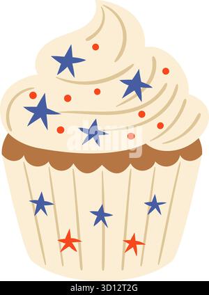 Cupcake patriotique unique en emballage blanc avec glaçage crémeux et saupoudres d'étoiles bleues rouges, thème du jour de l'indépendance des États-Unis, composition carrée. Stock Vect Illustration de Vecteur