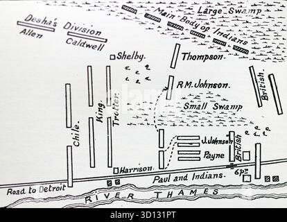 Moravian Town en 1813 a été le site de la bataille de la Tamise, également connue sous le nom de bataille de Moraviantown, livrée le 5 octobre 1813, pendant la guerre de 1812. Il est situé près de l'actuelle Thamesville à Chatham-Kent, Ontario, Canada. D'après une image imprimée publiée en 1932 par Western mail et Echo Ltd sous le titre : The History of the Welch Regiment. Banque D'Images
