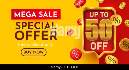 Bannière d'offre spéciale Mega Sale avec jusqu'à 50 rabais. Parfait pour le marketing et la promotion. Illustration vectorielle. Illustration de Vecteur