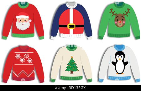 Pulls de Noël de style cartoon ou pulls laides festifs isolés sur un fond blanc Illustration de Vecteur