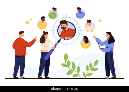 Équipe analysant les profils de public cible pour la stratégie marketing centrée sur le client, en se concentrant sur l'engagement personnalisé et la segmentation des utilisateurs, isolé sur l'illustration vectorielle de fond blanc Illustration de Vecteur