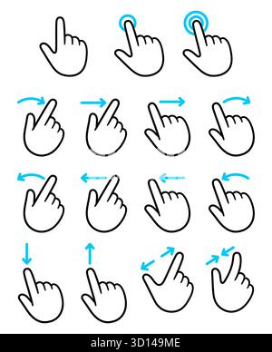 Icônes de mouvements des doigts sur l'écran tactile. Touchez, balayez, faites défiler, faites glisser, pincez pour zoomer. Ensemble d'illustration vectorielle dessinée à la main de dessin animé. Illustration de Vecteur