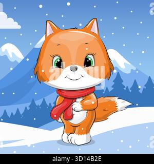 Joli dessin animé Fox avec écharpe rouge en hiver. Illustration vectorielle d'animal dans la nature sur un fond bleu avec de la neige. Illustration de Vecteur