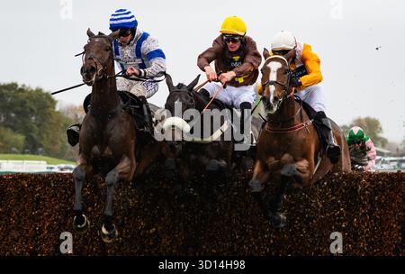 Liverpool, Royaume-Uni. Dimanche 26 octobre 2025. Jordans Cross et Ben Godfrey remportent le Stream Champions : Full Gallop sur ITVX' Limited handicap Chase pour l'entraîneur Anthony Honeyball et le propriétaire des Steeplechasers. Crédit JTW Equine images / Alamy Live News Banque D'Images