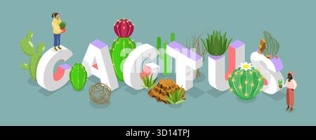 Illustration plate isométrique 3D de la composition de mots de cactus, plantes du désert Banque D'Images