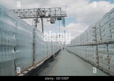 Les briques sont stockées dans un entrepôt à ciel ouvert. Brique rouge dans les palettes Banque D'Images