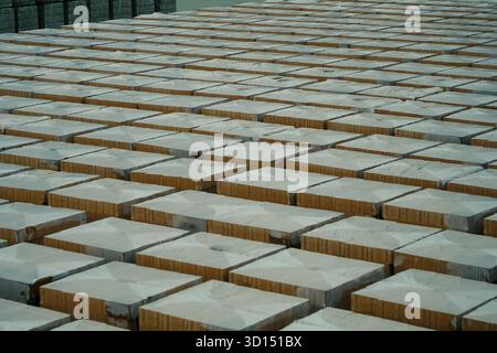 Les briques sont stockées dans un entrepôt à ciel ouvert. Brique rouge dans les palettes Banque D'Images