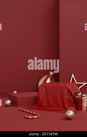 Rendu 3D d'un podium de Noël rouge recouvert de tissu, avec cadeaux et ornements. Convient pour un fond de vacances festif et l'affichage de produit. Banque D'Images
