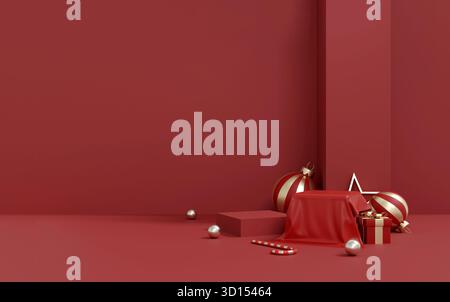 Rendu 3D d'un podium de Noël rouge recouvert de tissu, avec cadeaux et ornements. Convient pour un fond de vacances festif et l'affichage de produit. Banque D'Images
