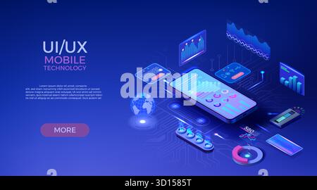 téléphone 3d. Fond de technologie de données pour application statistique ou analytique, développement de smartphone, tableau de bord graphique financier pour plate-forme bancaire. Conception de bannière Web. Infographie numérique UX UI. Concept de vecteur Illustration de Vecteur