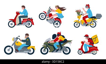 Balade en moto. Homme sur moto, femme sur moto, gens heureux chevauchant des moteurs, livreur Guy conduire dans le casque, enfant sur le caractère scooter. Garçon conducteur. Ensemble d'illustrations de sport extrême vectoriel Illustration de Vecteur