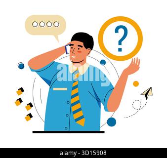 Appel homme d'affaires. Utilisation de smartphone, communication, brainstorming en ligne, design minimaliste pour bannière web. Recrutement des gestionnaires. Planification de la stratégie du patron. Illustration isolée de style plat de dessin animé vectoriel Illustration de Vecteur
