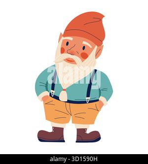 Mignon gnome. Personnage drôle de conte de fées. Jouet pour la décoration de fantaisie de jardin. Nain en costume et chapeau debout. Magique heureux petit vieil homme avec la barbe. Illustration isolée de style plat de dessin animé vectoriel Illustration de Vecteur