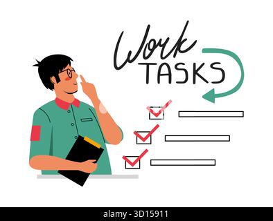 Tâche de travail. Planification et vérification du travail effectué par le personnel de bureau. horaire de présentation, horaire occupé de l'homme, organisation et gestion du temps. Papier de liste de contrôle. Illustration isolée de style plat de dessin animé vectoriel Illustration de Vecteur