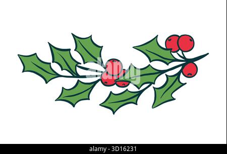 Branches de baies de Noël houx avec des feuilles vertes et des baies rouges. Élément de conception de vacances d'hiver de vecteur dessiné à la main pour carte de voeux, conception d'invitation Illustration de Vecteur