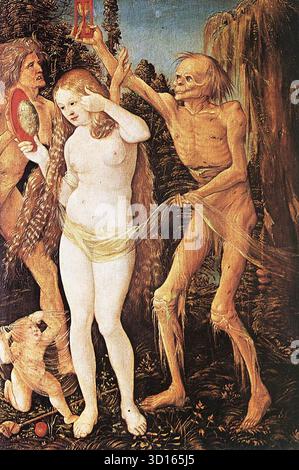 BALDUNG GRIEN, Hans (né en 1484/85, Schw ?Bisch-GM?nd, 1545, Strassburg) trois âges de la femme et la mort 1510 huile sur bois de chaux, 48 x 32,5 cm Kunsthistorisches Museum, Vienne les représentations de Baldung sur l'âge ont un caractère sinistre et une virtuosité élevée. --- mots-clés : ------------- Auteur : BALDUNG GRIEN, Hans titre : trois âges de la femme et la mort chronologie : 1501-1550 École : allemande forme : peinture type : mythologique Banque D'Images