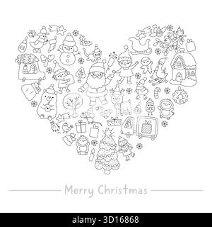 Vecteur noir et blanc cadre en forme de coeur de Noël avec cerf, arbre décoré, elfe. Conception de carte de nouvel an pour bannière, invitation. Ligne de vacances d'hiver i Illustration de Vecteur