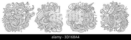 Véhicules électriques vecteur de dessin animé ensemble de conceptions de doodle. Compositions détaillées esquissées avec beaucoup d'objets et de symboles EV Illustration de Vecteur
