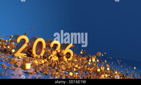 Texte doré 2026 sous confettis dorés et feux d'artifice - rendu 3D - fond noir Banque D'Images