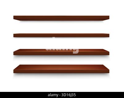 Étagères en bois réalistes. Étagère vide en bois brun de magasin de produits, étagère murale réaliste avec ombre. Bibliothèque, magasin de stockage et mobilier de maison. Modèle vectoriel réaliste 3D isolé. Illustration de Vecteur