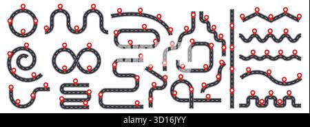 Chemin routier avec pointeurs rouges. Infographie de la carte du parcours professionnel, chronologie ondulée avec des jalons. Organigramme du processus de flux de travail, organigramme. Eléments vectoriels d'infographie de route abstraits. Illustration de Vecteur