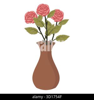 Un bouquet de roses roses poussiéreuses dans un vase en céramique. Un ensemble de trois fleurs luxuriantes. Illustration vectorielle sur un fond blanc. Illustration de Vecteur