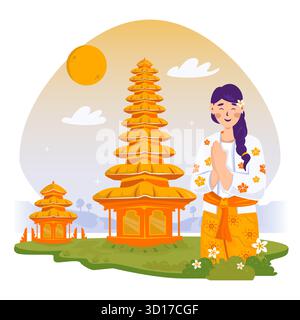 Fille balinaise accueillant avec Pura Ulun Bali illustration vectorielle de fond Illustration de Vecteur