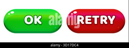 Boutons de l'interface de jeu. Icônes vert OK et rouge Réessayer pour l'interface utilisateur de l'application mobile Illustration de Vecteur
