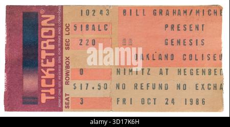Oakland, Californie - 24 octobre 1986 - ancien talon de billet utilisé pour le concert Genesis live au Oakland Coliseum pendant la tournée invisible Touch. Banque D'Images