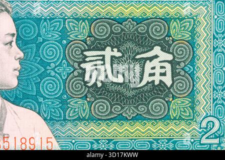 Gros plan sur la monnaie chinoise avec un portrait de profil et des motifs turquoise et jaunes complexes. Les caractères chinois sont bien en évidence. Banque D'Images