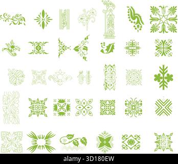 Collection de motifs ornementaux verts complexes et d'éléments décoratifs isolés sur fond blanc Illustration de Vecteur