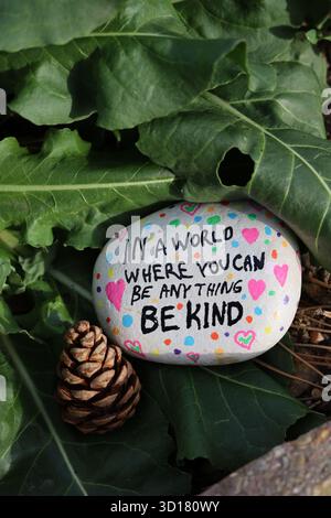 Soyez gentil rocher de gentillesse sur les feuilles de forêt avec la photo verticale de pomme de pin Banque D'Images