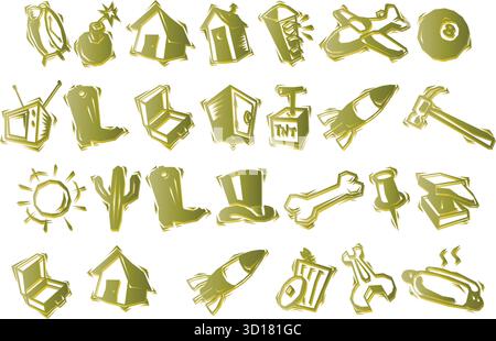 Collection d'icônes vertes cartoonish représentant divers objets et concepts isolés sur fond blanc Illustration de Vecteur