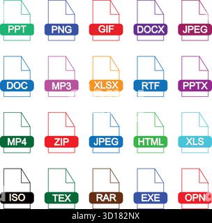 Collection diversifiée d'icônes de type de fichier numérique représentant divers formats de document isolés sur fond blanc Illustration de Vecteur