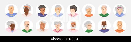 Ensemble d'avatars de personnes âgées souriantes heureuses. Portraits vieux hommes et femmes personnages de dessins animés ensemble plat. Rire joie, sourire adultes seniors différentes nationalités masculin cercle féminin web avatars vecteur Illustration de Vecteur