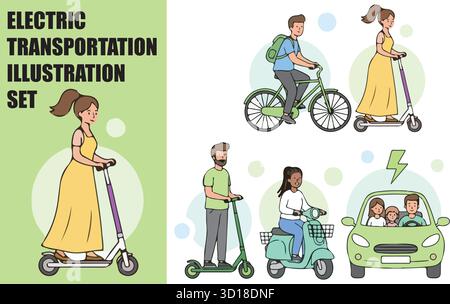 Ensemble de véhicule écologique de transport électrique. Personnages conduisant voiture électrique, vélo, scooter et moto. Concept zéro émission. Illustration vectorielle. Illustration de Vecteur