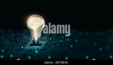 Ampoule avec cerveau humain à l'intérieur incandescent sur le point convergent du circuit. Inspiration créative et innovante. Idée commerciale et technologique Banque D'Images