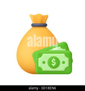 Sac d'argent jaune avec billets de banque verts dollar. Succès commercial, finance, banque, épargne, investissement, richesse, investissement et concept de profit. 3d vecto Illustration de Vecteur