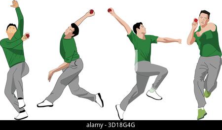 illustration vectorielle de bowling de cricket montrant différentes poses et actions de bowling dans une tenue verte, parfaite pour les thèmes de sport et de motion design Illustration de Vecteur