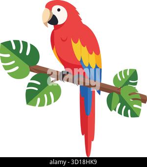 Macaron écarlate perché sur la branche tropicale - illustration vectorielle plate Illustration de Vecteur