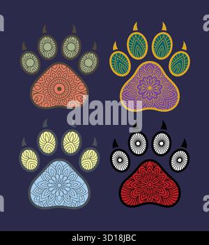 Quatre imprimés décoratifs de pattes animales avec des motifs de mandala ethniques sur un fond bleu foncé. Illustration de Vecteur