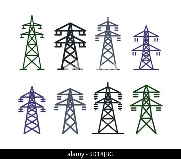 Collection de symboles de tour de transmission électrique, icônes de haute tension. Illustration de Vecteur